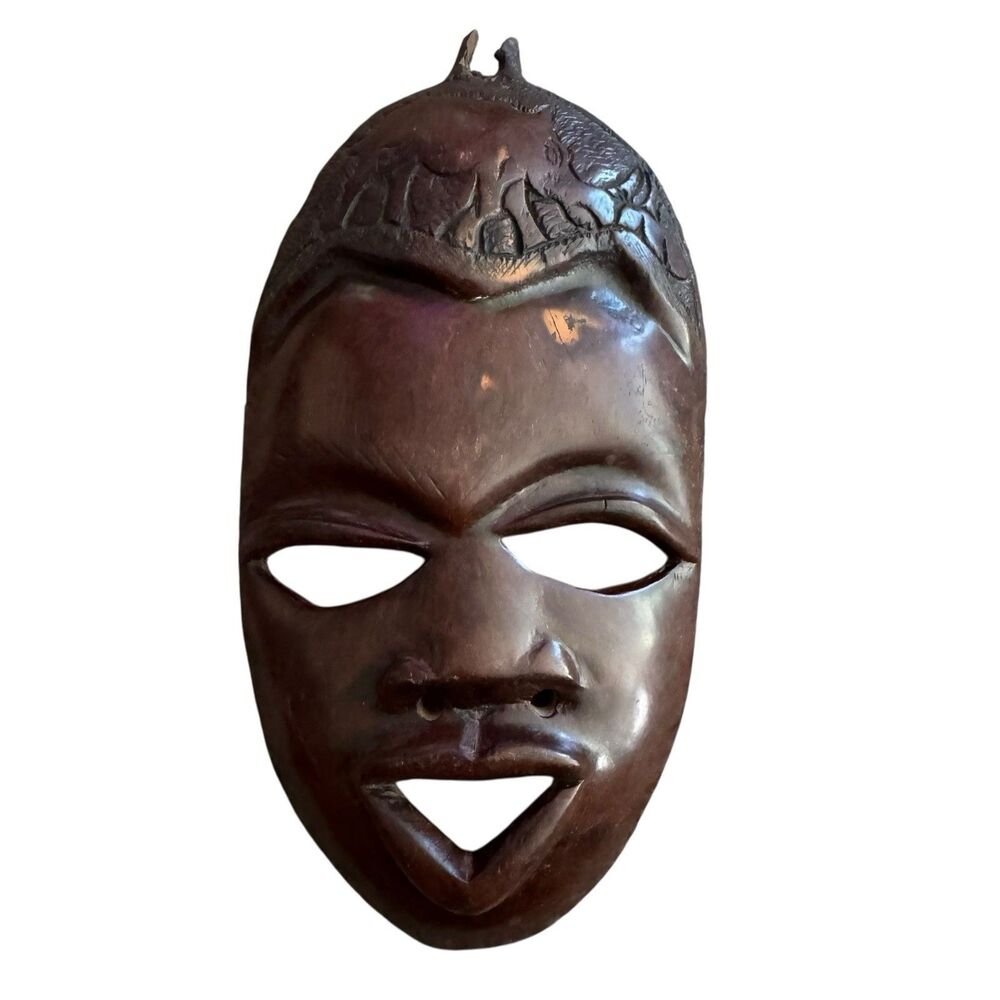 African Mask with Rhino Motif Wood Hand Carved